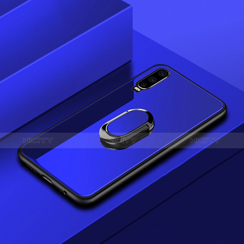 Custodia Silicone Specchio Laterale Cover con Anello Supporto per Huawei P30 Blu