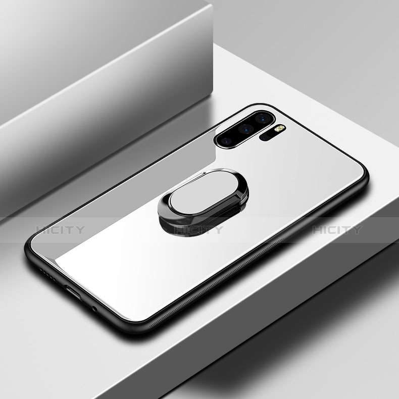 Custodia Silicone Specchio Laterale Cover con Anello Supporto per Huawei P30 Pro Bianco