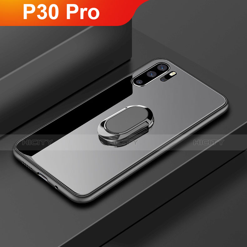 Custodia Silicone Specchio Laterale Cover con Anello Supporto per Huawei P30 Pro Nero