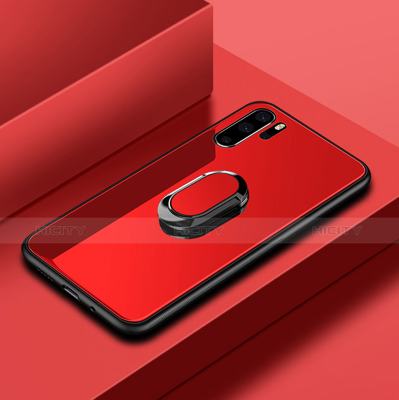 Custodia Silicone Specchio Laterale Cover con Anello Supporto per Huawei P30 Pro Rosso