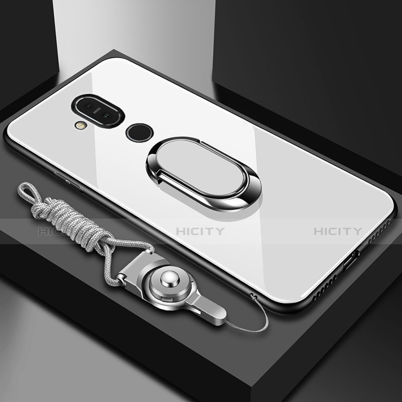 Custodia Silicone Specchio Laterale Cover con Anello Supporto per Nokia 7.1 Plus Bianco