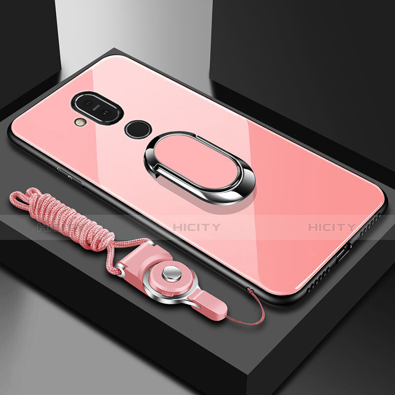 Custodia Silicone Specchio Laterale Cover con Anello Supporto per Nokia 7.1 Plus Oro Rosa