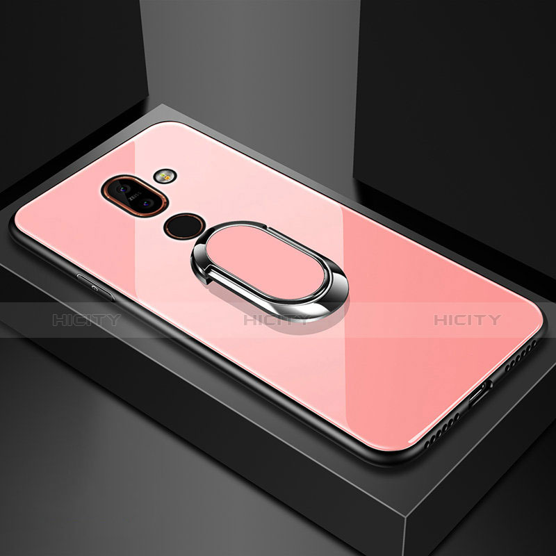 Custodia Silicone Specchio Laterale Cover con Anello Supporto per Nokia 7 Plus Oro Rosa