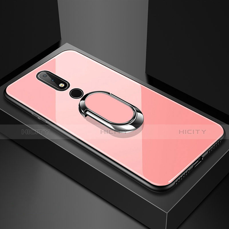 Custodia Silicone Specchio Laterale Cover con Anello Supporto per Nokia X6 Oro Rosa