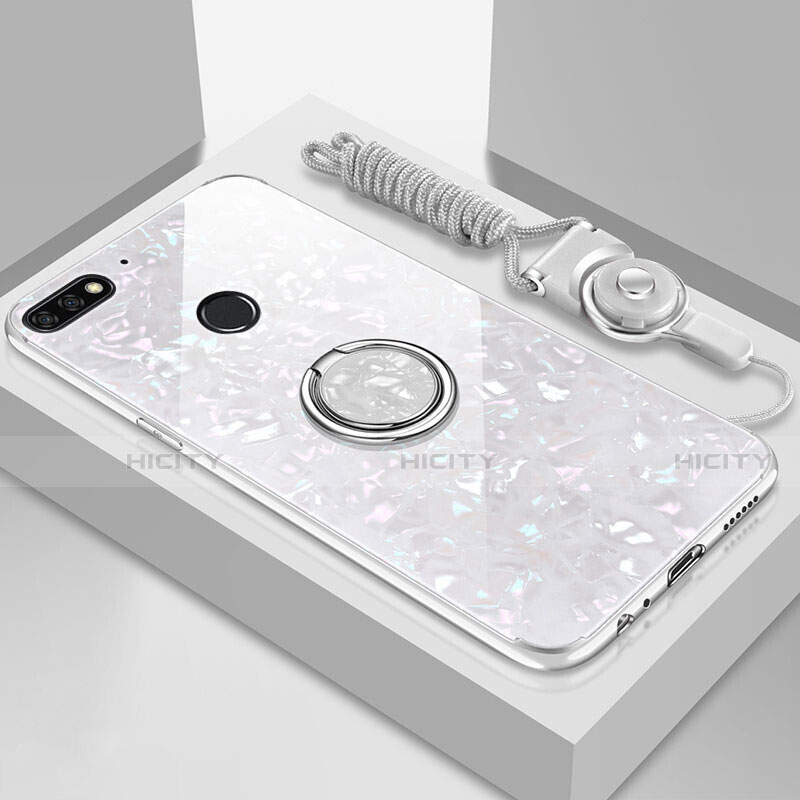 Custodia Silicone Specchio Laterale Cover con Magnetico Anello Supporto M01 per Huawei Enjoy 8e Bianco