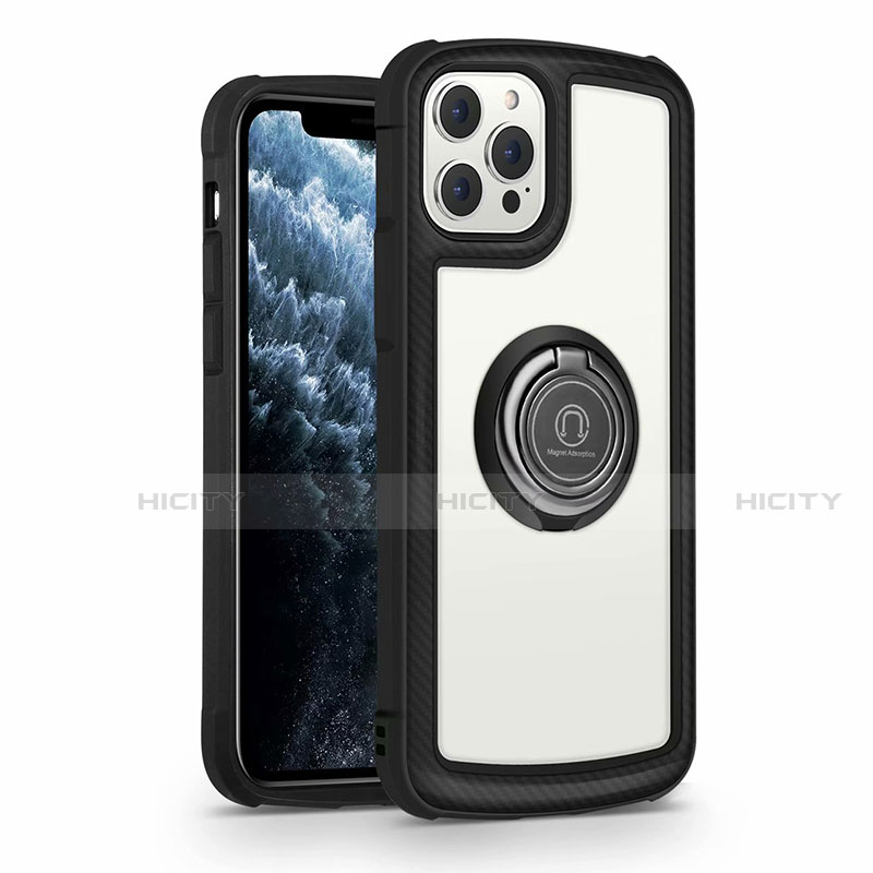 Custodia Silicone Specchio Laterale Cover con Magnetico Anello Supporto N01 per Apple iPhone 12 Pro Nero