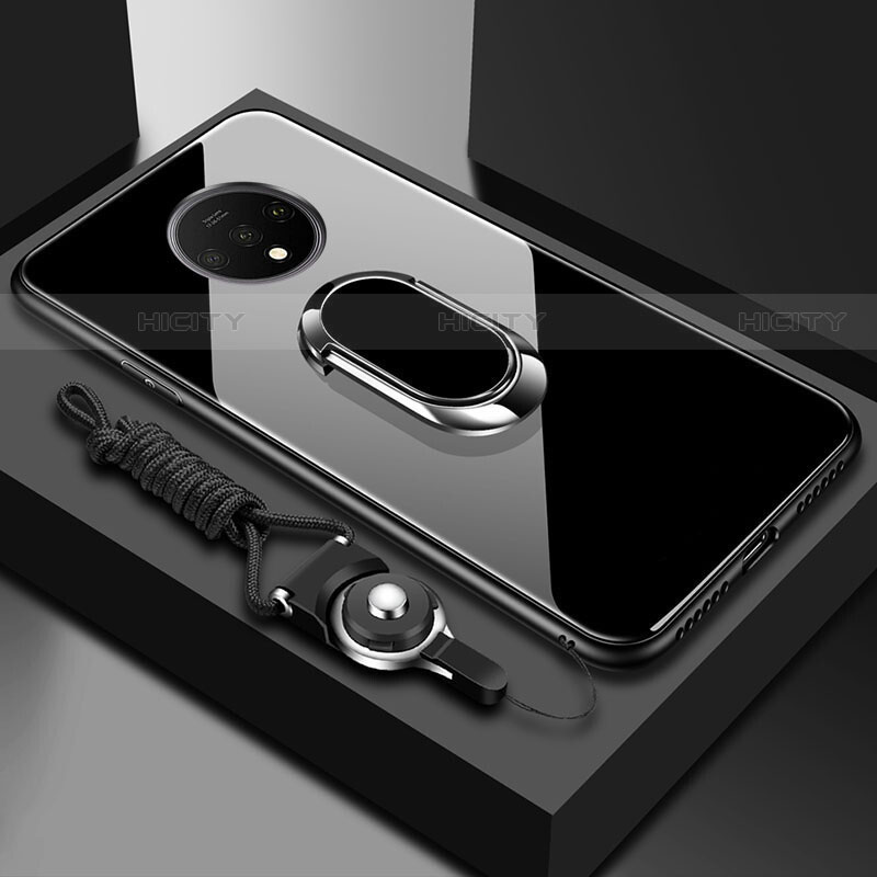 Custodia Silicone Specchio Laterale Cover con Magnetico Anello Supporto per OnePlus 7T Nero