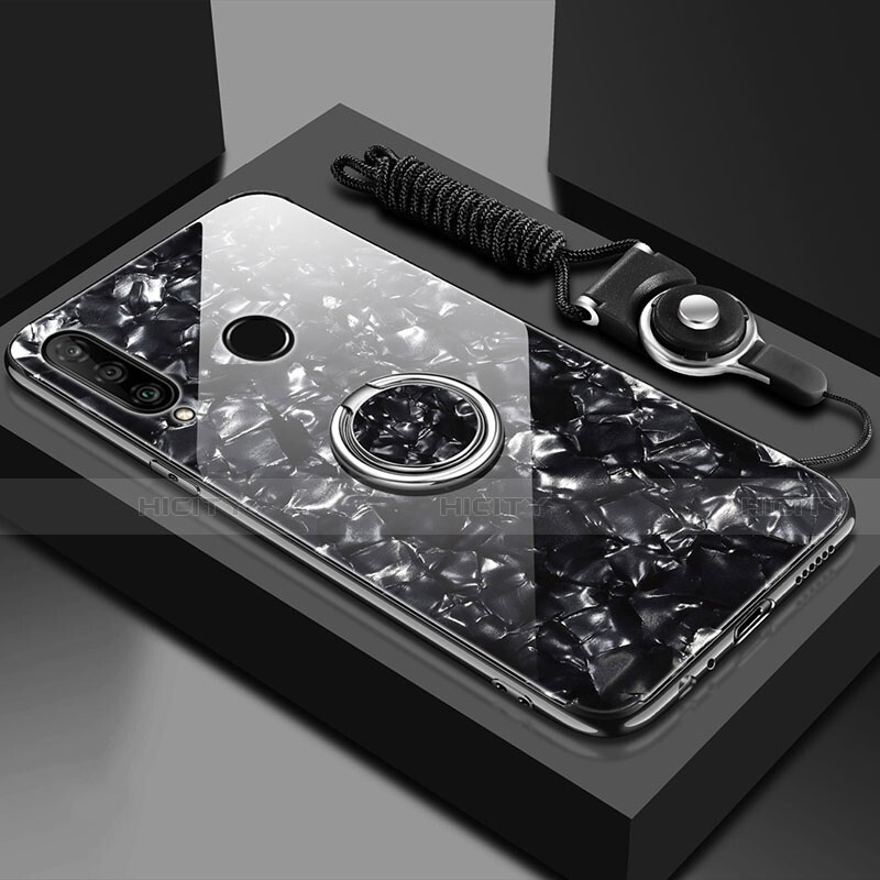 Custodia Silicone Specchio Laterale Cover con Magnetico Anello Supporto T01 per Huawei P30 Lite New Edition Nero
