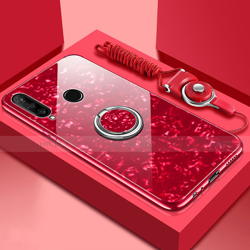 Custodia Silicone Specchio Laterale Cover con Magnetico Anello Supporto T01 per Huawei P30 Lite Rosso