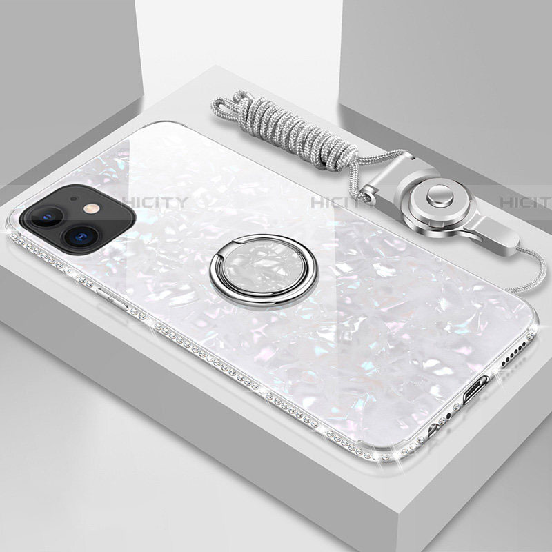 Custodia Silicone Specchio Laterale Cover con Magnetico Anello Supporto T02 per Apple iPhone 11 Bianco