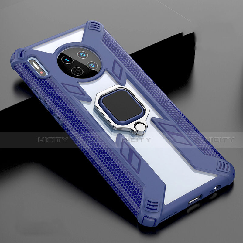 Custodia Silicone Specchio Laterale Cover con Magnetico Anello Supporto T02 per Huawei Mate 30 Pro Blu