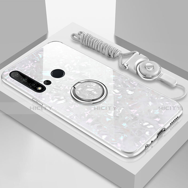 Custodia Silicone Specchio Laterale Cover con Magnetico Anello Supporto T02 per Huawei Nova 5i Bianco