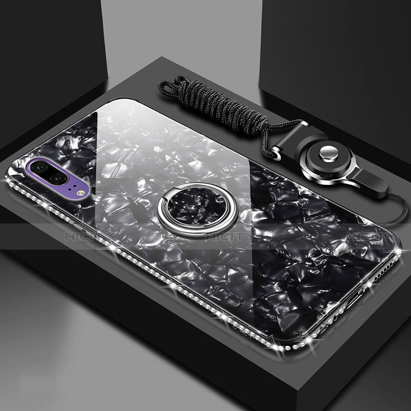Custodia Silicone Specchio Laterale Cover con Magnetico Anello Supporto T03 per Huawei P20 Nero