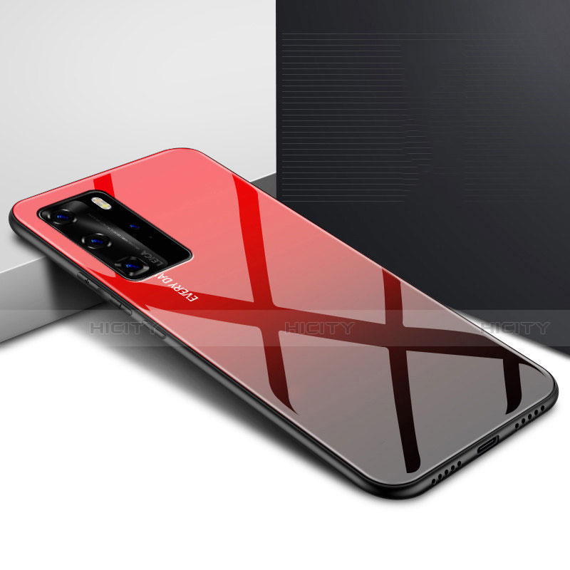 Custodia Silicone Specchio Laterale Sfumato Arcobaleno Cover H01 per Huawei P40 Pro Rosso