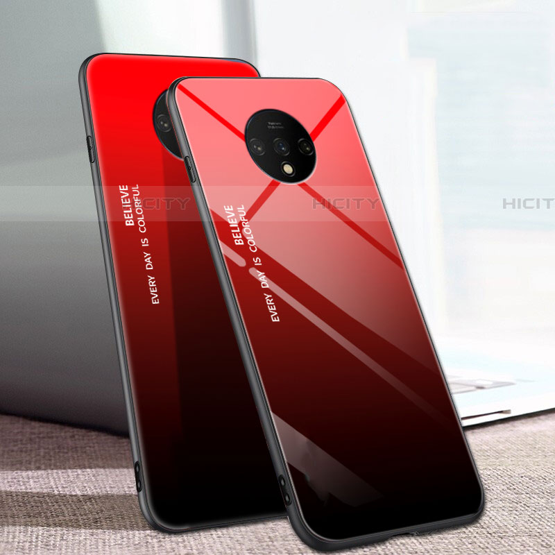 Custodia Silicone Specchio Laterale Sfumato Arcobaleno Cover H01 per OnePlus 7T Rosso