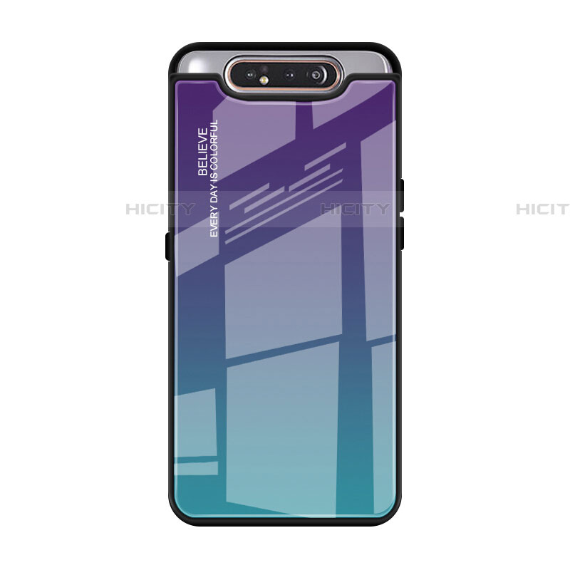 Custodia Silicone Specchio Laterale Sfumato Arcobaleno Cover H01 per Samsung Galaxy A80 Ciano