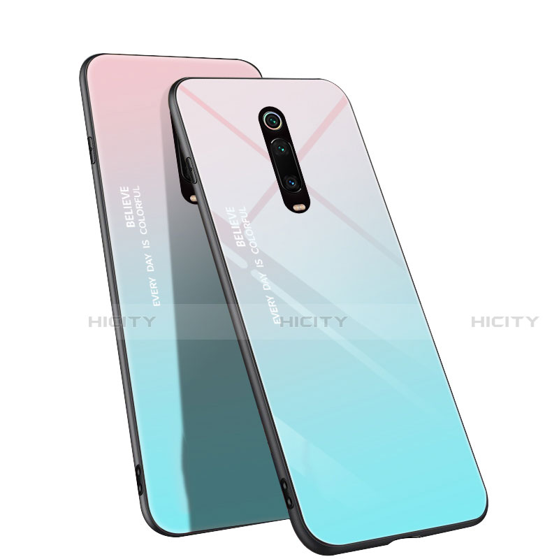 Custodia Silicone Specchio Laterale Sfumato Arcobaleno Cover H01 per Xiaomi Mi 9T Ciano