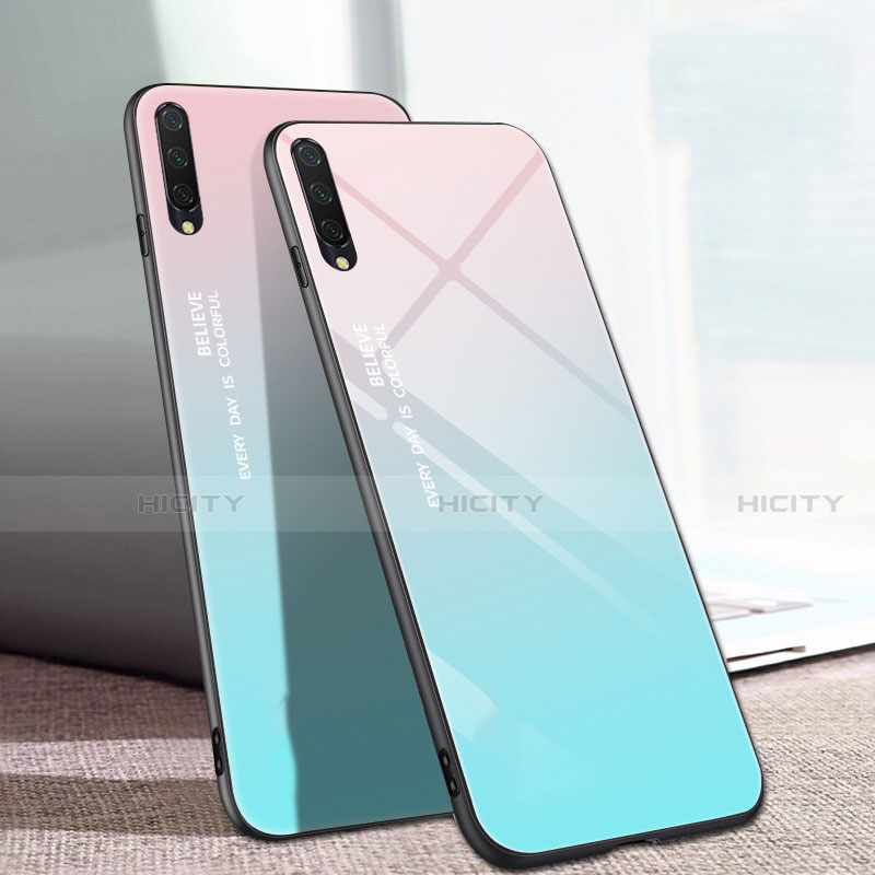 Custodia Silicone Specchio Laterale Sfumato Arcobaleno Cover H01 per Xiaomi Mi A3 Ciano