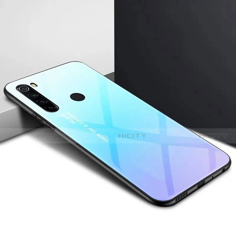 Custodia Silicone Specchio Laterale Sfumato Arcobaleno Cover H01 per Xiaomi Redmi Note 8 (2021) Ciano