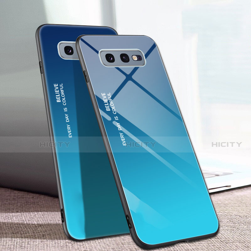 Custodia Silicone Specchio Laterale Sfumato Arcobaleno Cover H02 per Samsung Galaxy S10e Blu