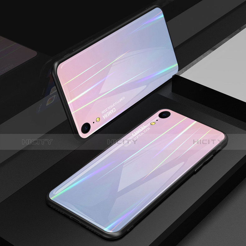 Custodia Silicone Specchio Laterale Sfumato Arcobaleno Cover M01 per Apple iPhone XR Rosa