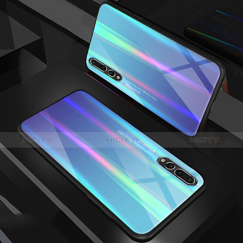 Custodia Silicone Specchio Laterale Sfumato Arcobaleno Cover M01 per Huawei P20 Pro Blu