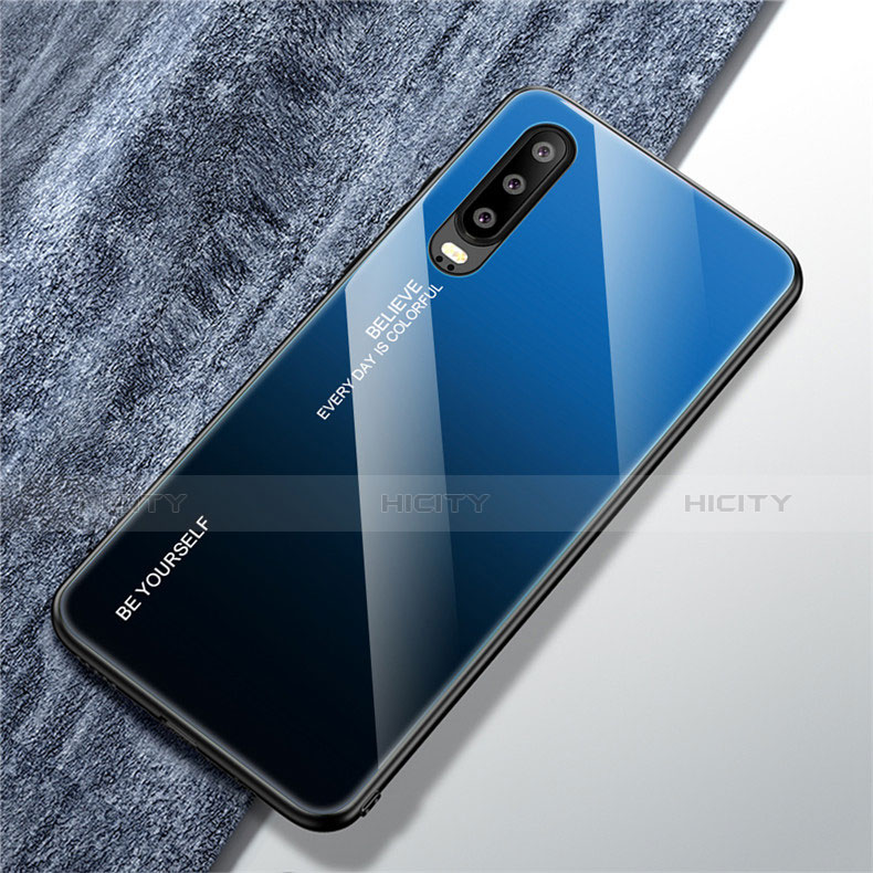 Custodia Silicone Specchio Laterale Sfumato Arcobaleno Cover M01 per Huawei P30 Blu