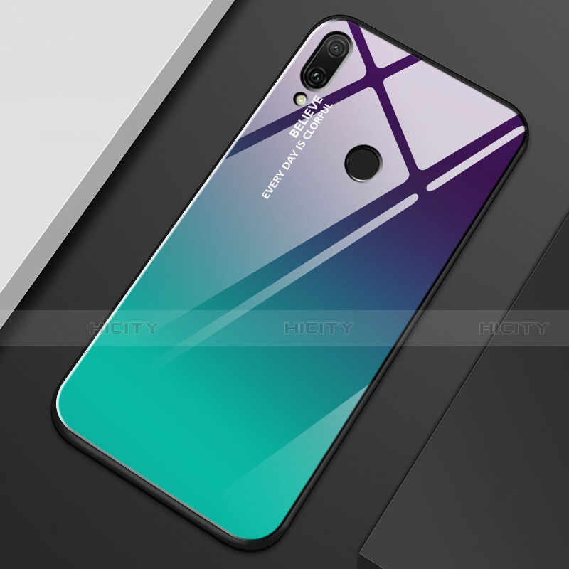 Custodia Silicone Specchio Laterale Sfumato Arcobaleno Cover M01 per Huawei Y9 (2019) Ciano