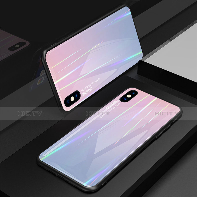 Custodia Silicone Specchio Laterale Sfumato Arcobaleno Cover per Apple iPhone X Rosa
