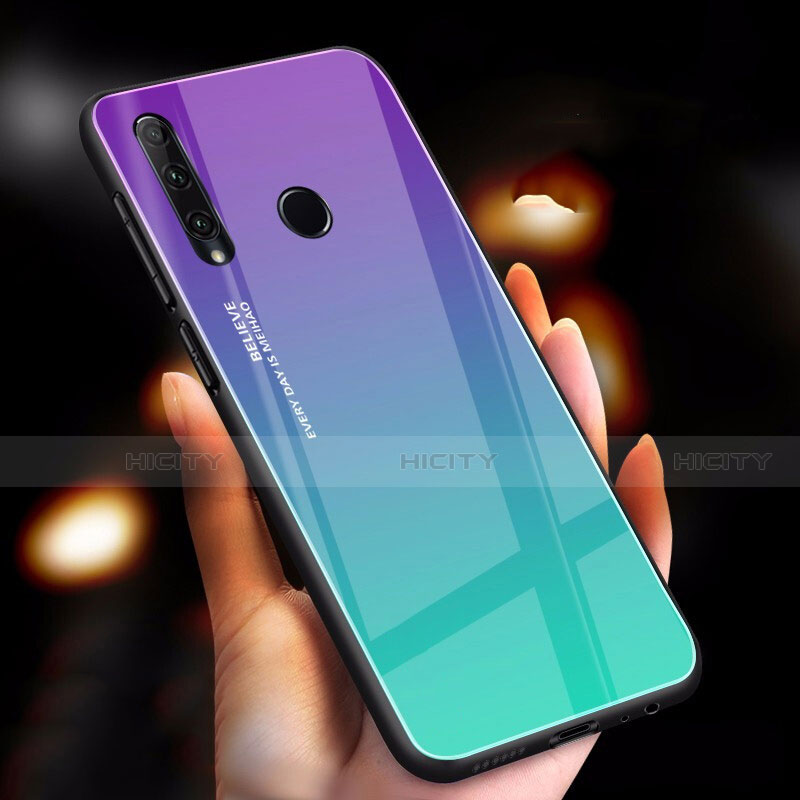 Custodia Silicone Specchio Laterale Sfumato Arcobaleno Cover per Huawei Honor 20i Ciano