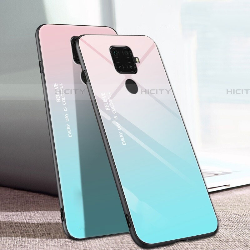 Custodia Silicone Specchio Laterale Sfumato Arcobaleno Cover per Huawei Nova 5z Ciano