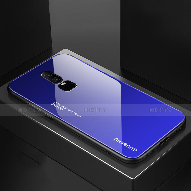 Custodia Silicone Specchio Laterale Sfumato Arcobaleno Cover per OnePlus 6 Blu