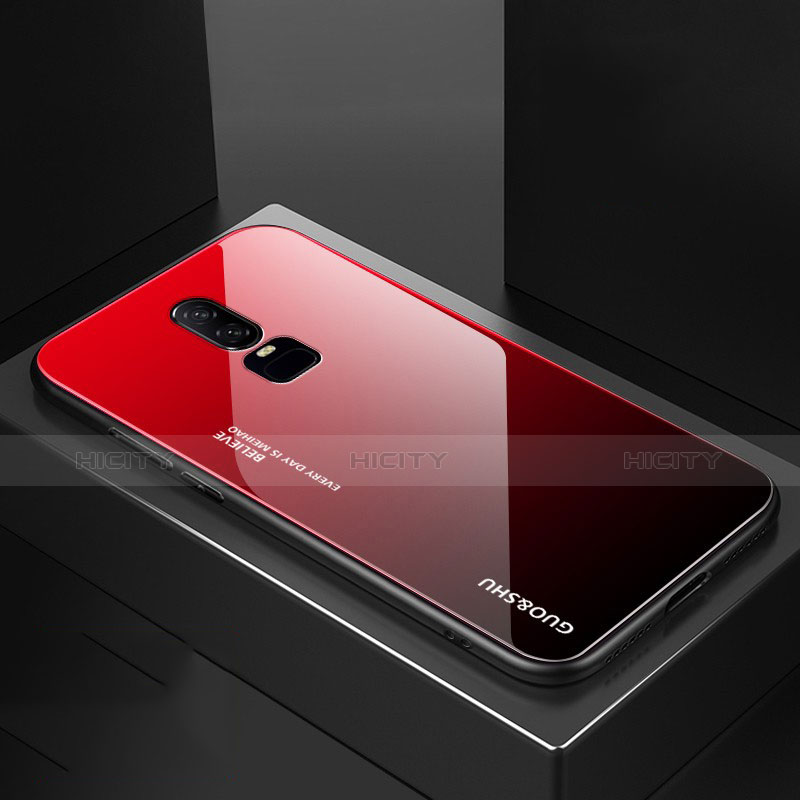 Custodia Silicone Specchio Laterale Sfumato Arcobaleno Cover per OnePlus 6 Rosso
