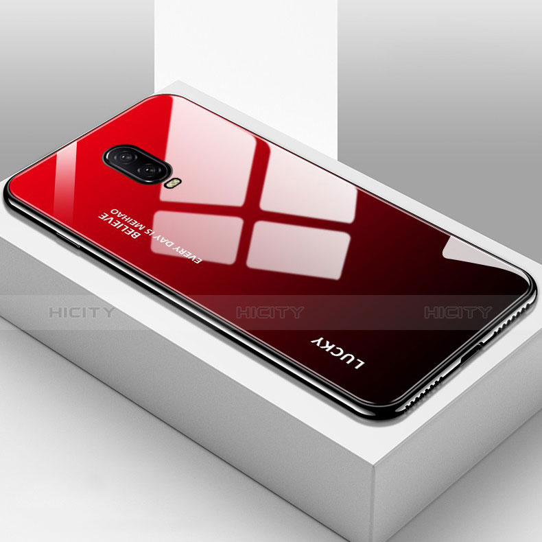 Custodia Silicone Specchio Laterale Sfumato Arcobaleno Cover per OnePlus 6T Rosso