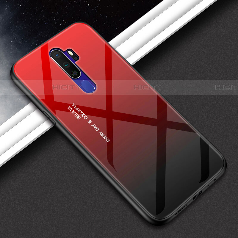 Custodia Silicone Specchio Laterale Sfumato Arcobaleno Cover per Oppo A9 (2020) Rosso