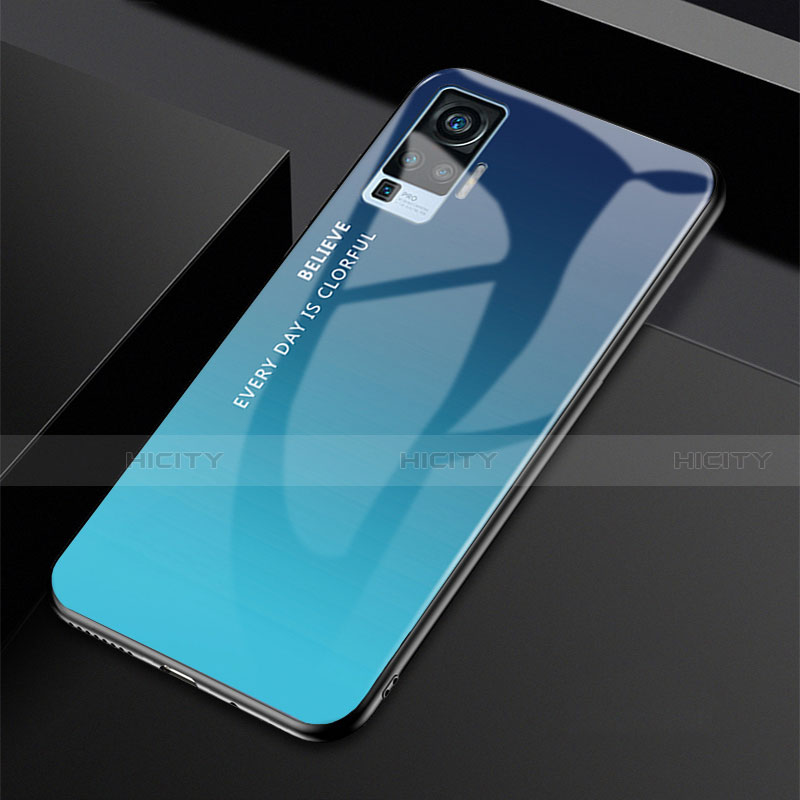 Custodia Silicone Specchio Laterale Sfumato Arcobaleno Cover per Vivo X50 Pro 5G Blu