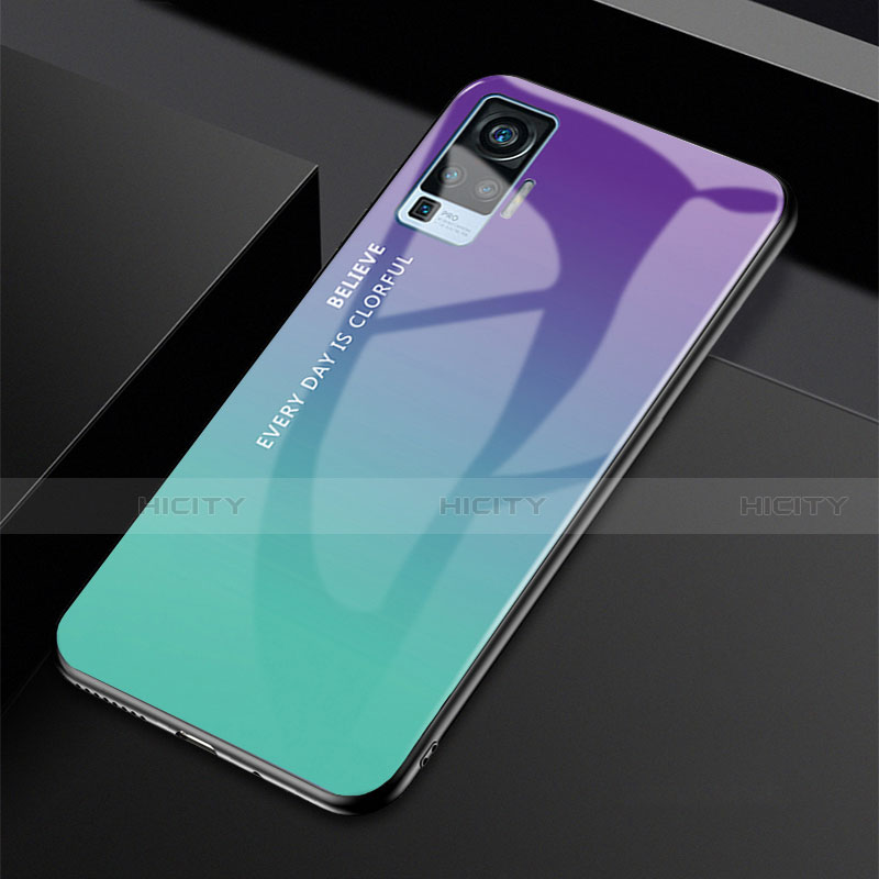 Custodia Silicone Specchio Laterale Sfumato Arcobaleno Cover per Vivo X50 Pro 5G Ciano