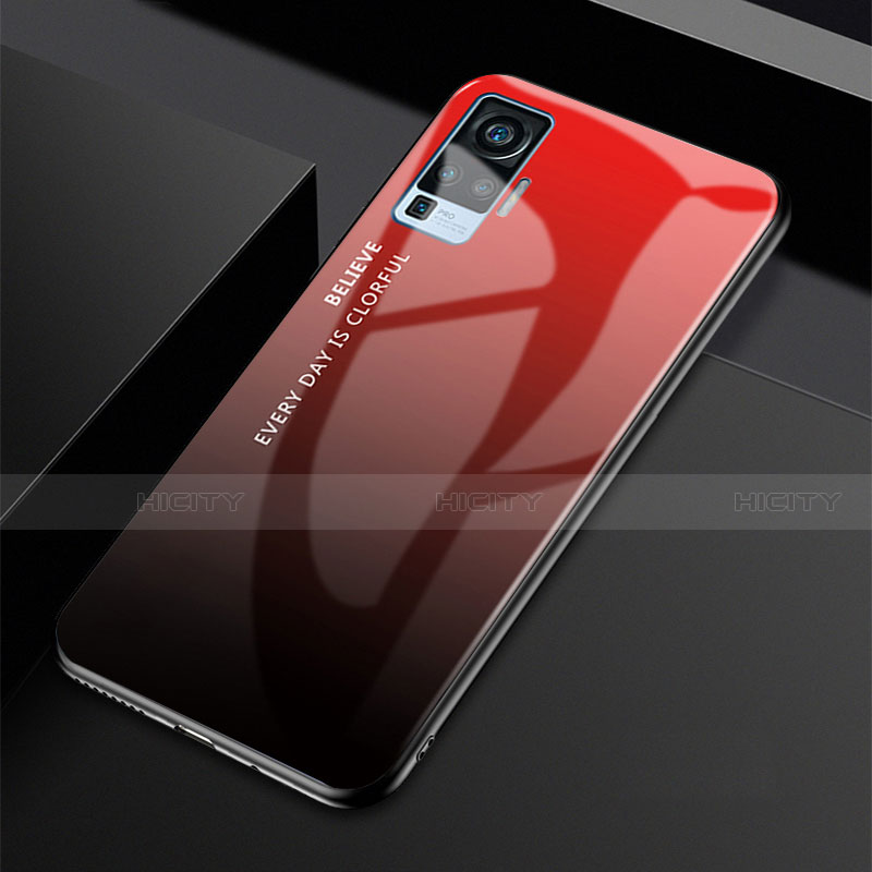 Custodia Silicone Specchio Laterale Sfumato Arcobaleno Cover per Vivo X50 Pro 5G Rosso