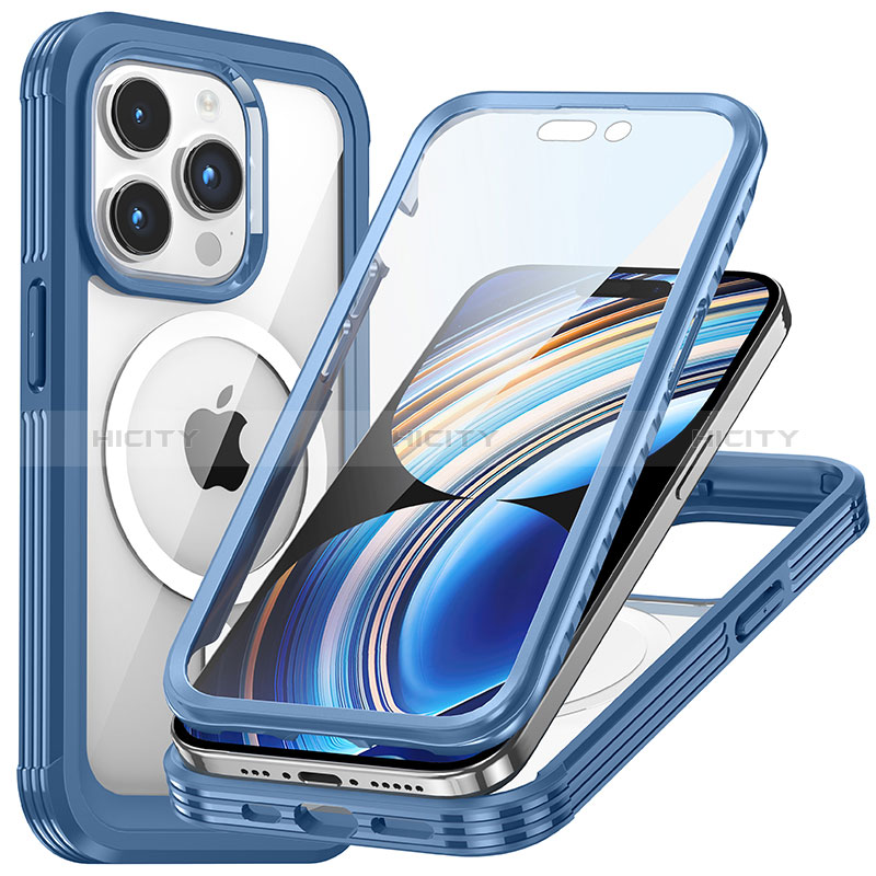 Custodia Silicone Trasparente Laterale 360 Gradi Cover con Mag-Safe Magnetic T01 per Apple iPhone 14 Pro Max Blu