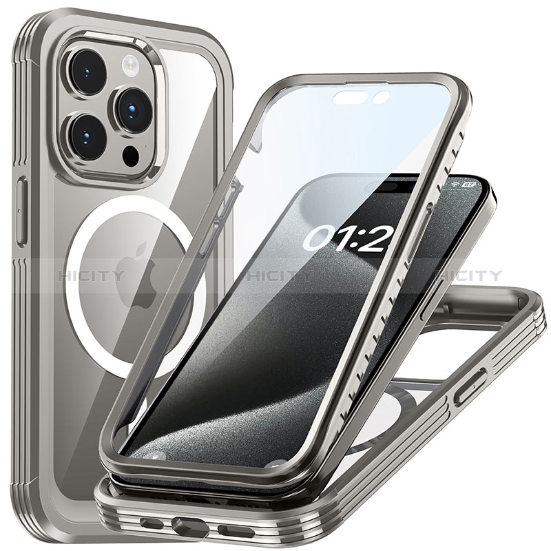 Custodia Silicone Trasparente Laterale 360 Gradi Cover con Mag-Safe Magnetic T01 per Apple iPhone 15 Pro Grigio