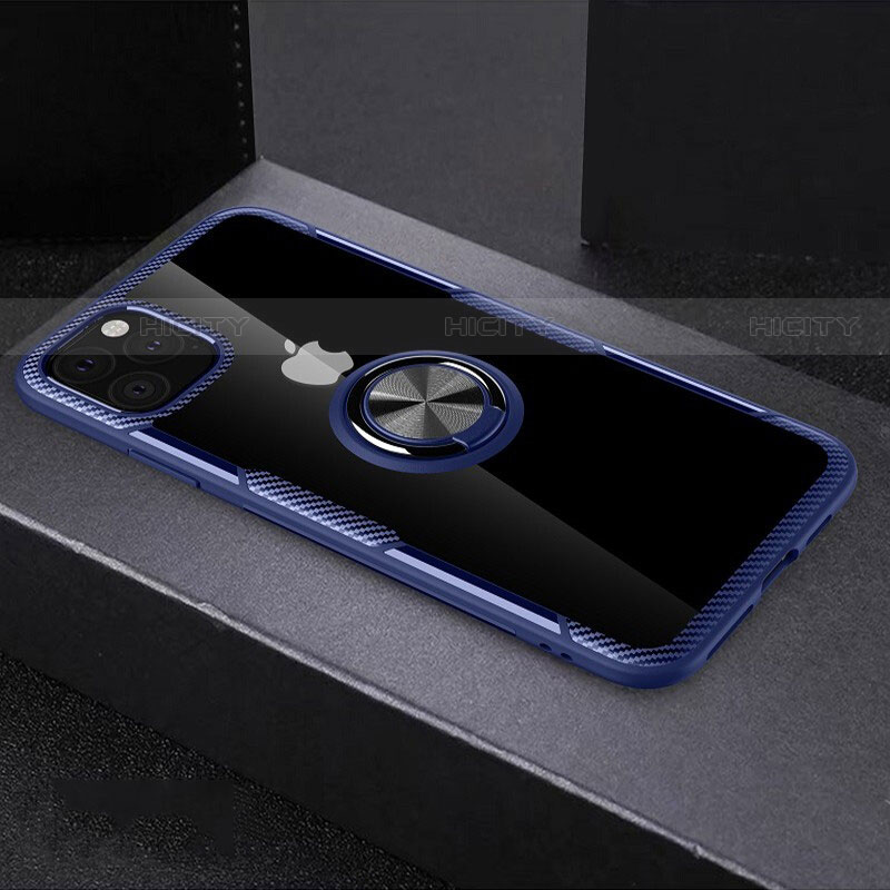 Custodia Silicone Trasparente Specchio Laterale 360 Gradi con Magnetico Anello Supporto M01 per Apple iPhone 11 Pro Max Blu