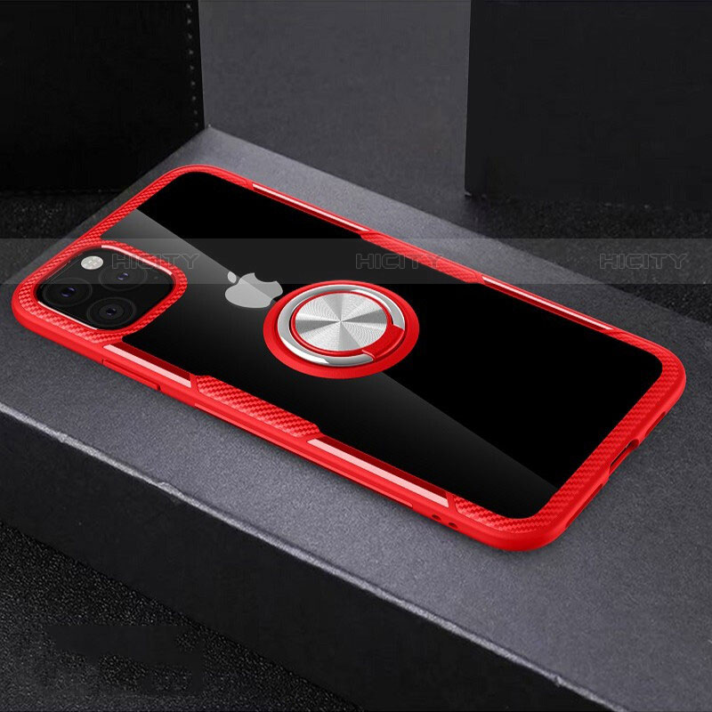 Custodia Silicone Trasparente Specchio Laterale 360 Gradi con Magnetico Anello Supporto M01 per Apple iPhone 11 Pro Max Rosso