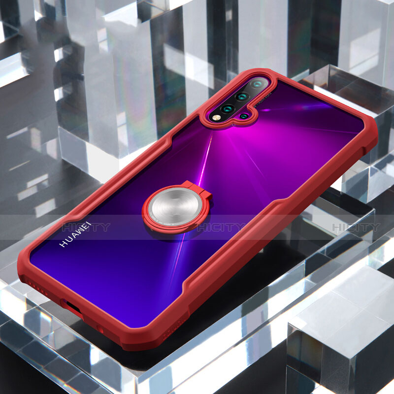 Custodia Silicone Trasparente Specchio Laterale 360 Gradi con Magnetico Anello Supporto per Huawei Nova 5 Pro Rosso