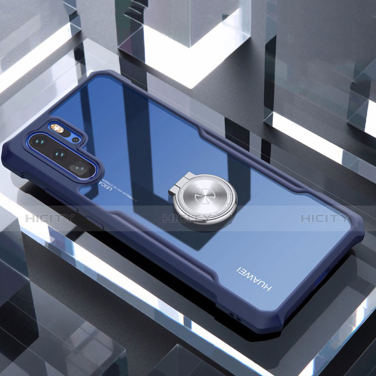 Custodia Silicone Trasparente Specchio Laterale 360 Gradi con Magnetico Anello Supporto per Huawei P30 Pro Blu