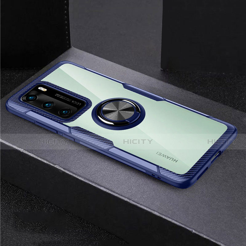 Custodia Silicone Trasparente Specchio Laterale 360 Gradi con Magnetico Anello Supporto per Huawei P40 Blu