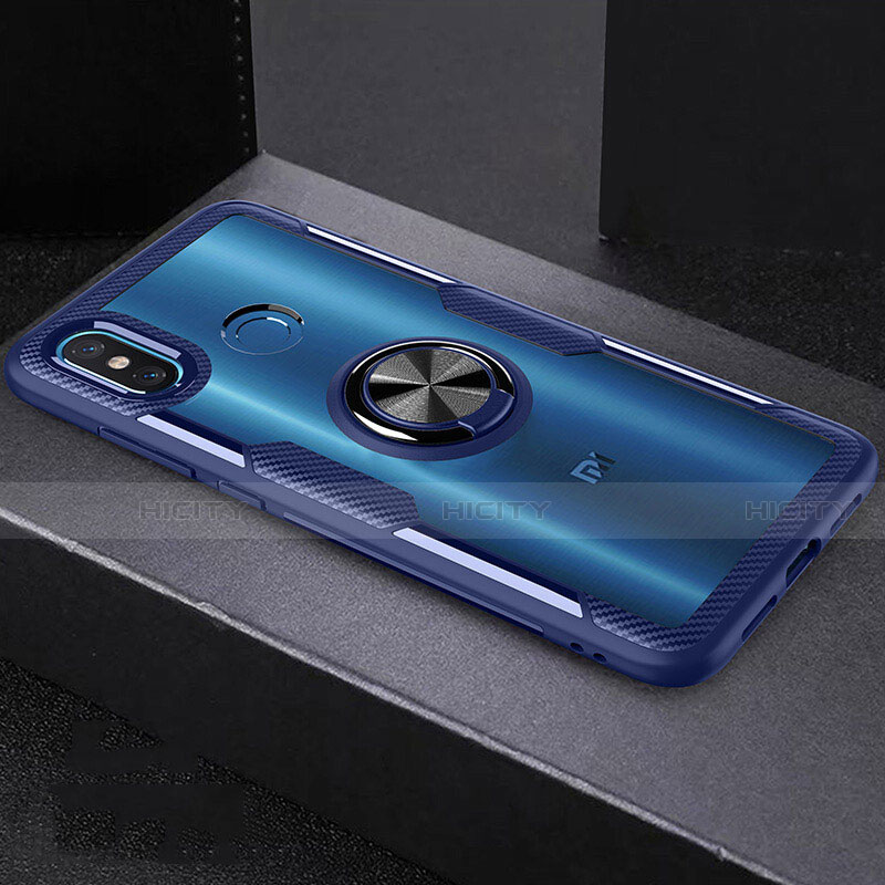 Custodia Silicone Trasparente Specchio Laterale 360 Gradi con Magnetico Anello Supporto per Xiaomi Mi 8 Blu