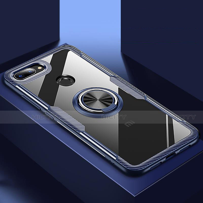 Custodia Silicone Trasparente Specchio Laterale 360 Gradi con Magnetico Anello Supporto per Xiaomi Mi 8 Lite Blu