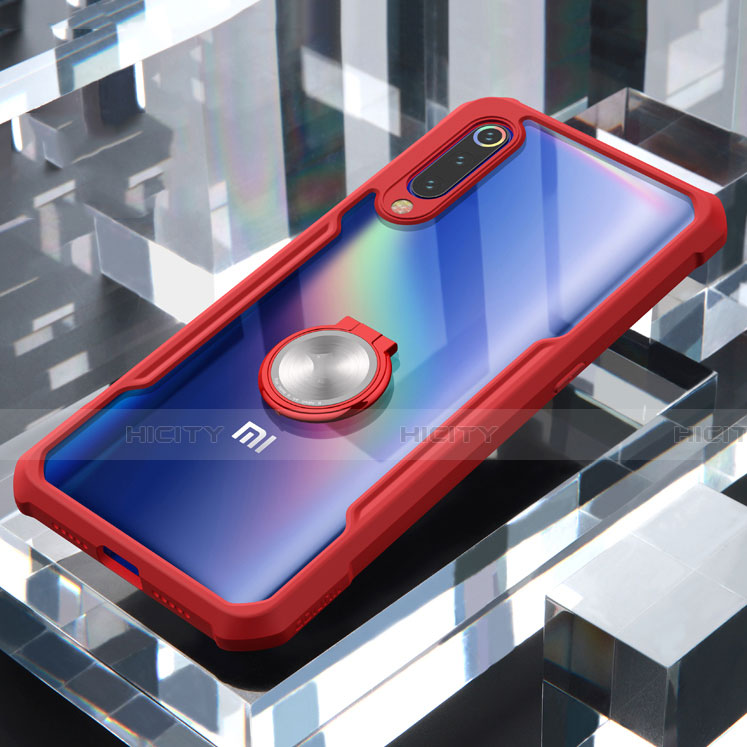 Custodia Silicone Trasparente Specchio Laterale 360 Gradi con Magnetico Anello Supporto per Xiaomi Mi 9 Pro Rosso