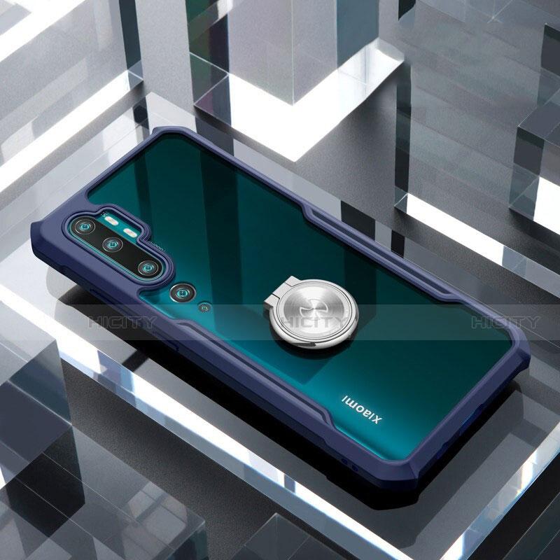 Custodia Silicone Trasparente Specchio Laterale 360 Gradi con Magnetico Anello Supporto per Xiaomi Mi Note 10 Blu