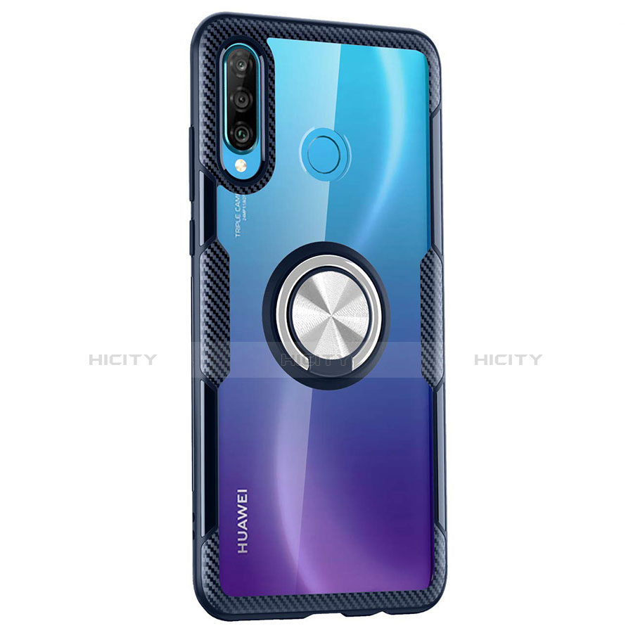 Custodia Silicone Trasparente Specchio Laterale 360 Gradi con Magnetico Anello Supporto Z01 per Huawei Nova 4e Blu